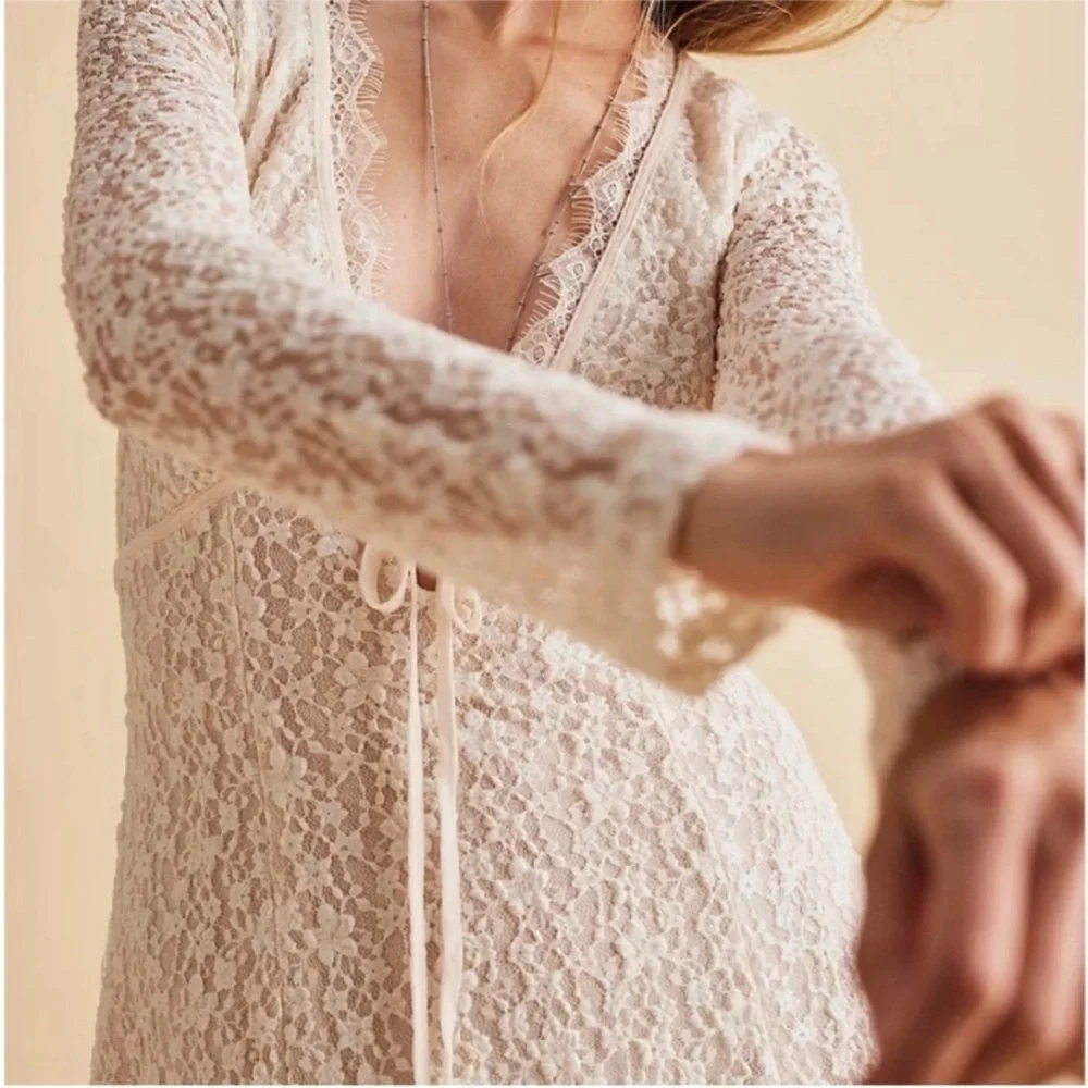 NEW Free People Petra Mini Dress Lace Long Sleeve Mini Dress Ivory